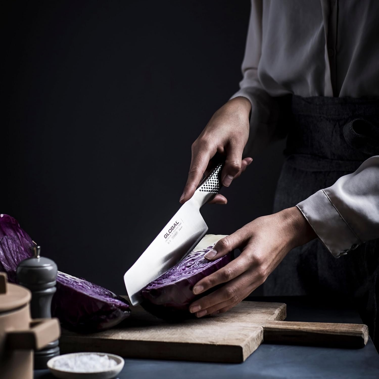 Global G-5 nakiri knife in use