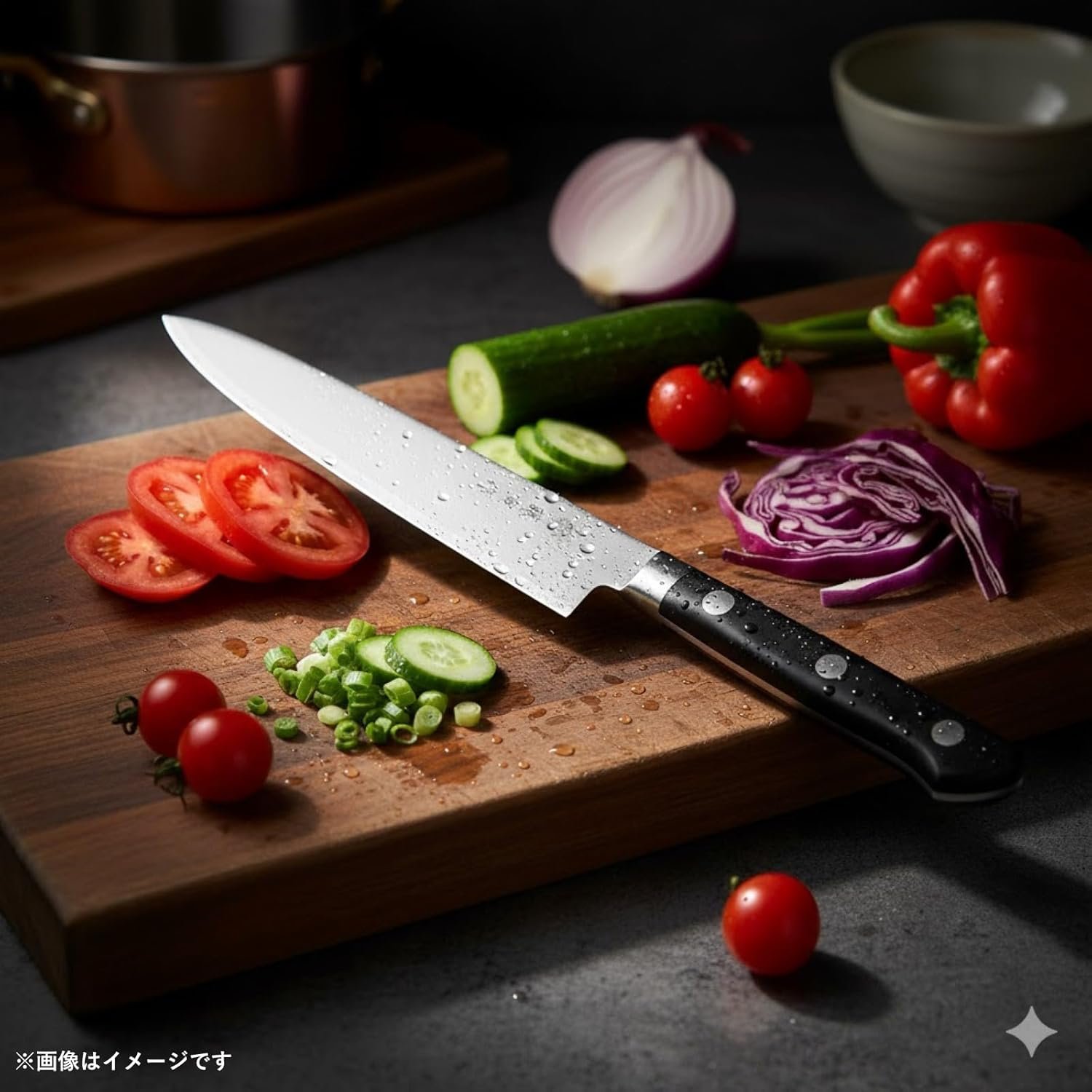Tojiro Fujitora Pro DP FU-802 150mm petty knife on a wooden cutting board
